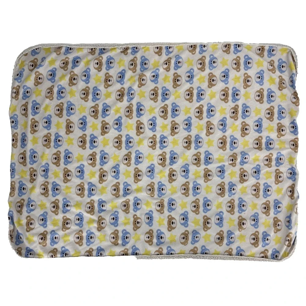 Kidgets Teddy Bear Face & Star Print Baby Blanket Sherpa Lovey White Blue Yellow